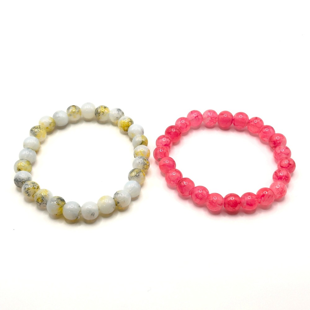 Natural Stone Beaded Stretch Bracelet Set Women OS Pink White Marble Boho Yoga